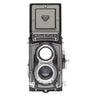 Rollei Rolleiflex T grey front view with Tessar taking lens, Heidosmat viewing lens, and nameplate