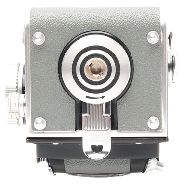 Rollei Rolleiflex T bottom view with tripod socket and control knobs