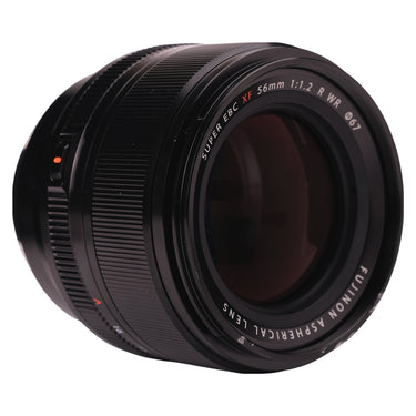 Fujifilm XF 56mm f1.2 R WR front three-quarter view of glass and barrel