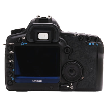 Canon EOS 5D Mark II rear view with LCD screen, viewfinder, and control buttons