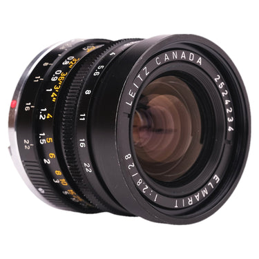 Leica 28mm f2.8 Elmarit front three-quarter view showing engravings and front glass