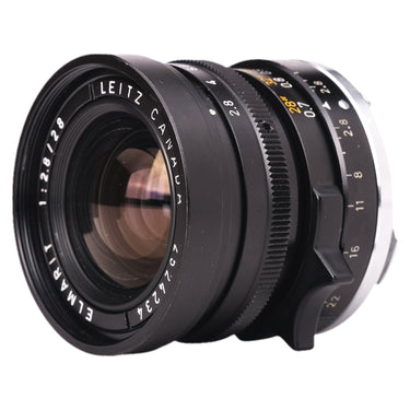Leica 28mm f2.8 Elmarit three-quarter view of barrel and front element