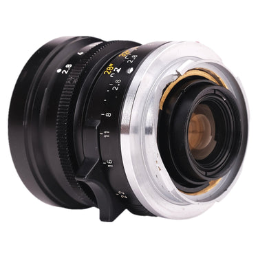 Leica 28mm f2.8 Elmarit rear three-quarter view showing M mount and rear element