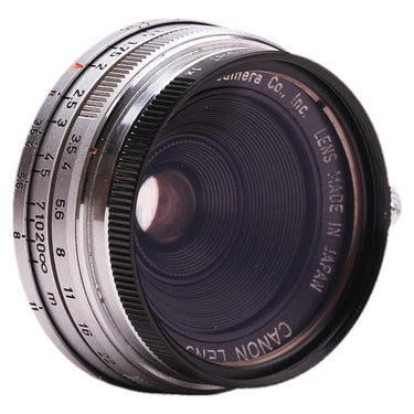 Canon 25mm f3.5 angled front view showing lens markings