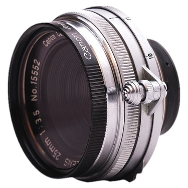 Canon 25mm f3.5 angled view with infinity lock and serial engraving