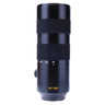 Leica 90-280mm f2.8-4 SL lens standing upright, front three-quarter view with hood