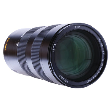 Leica 90-280mm SL lens angled front view showing focal length scale markings
