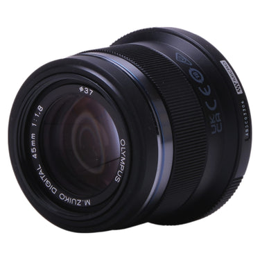 Olympus 45mm f1.8 angled view showing front element and serial ABSC03306