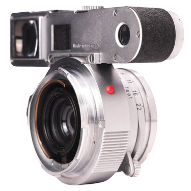 Leica Summaron 3.5cm f3.5 M3 front angle showing bare rear mount and depth-of-field scale