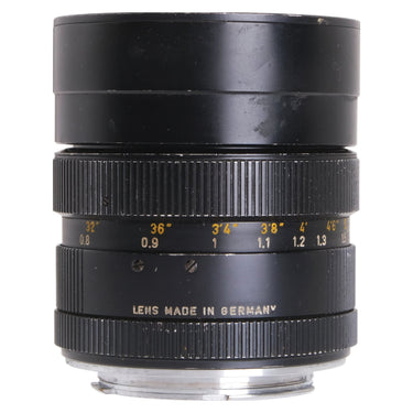 Leica 90mm f2.8 Elmarit-R side view showing focus scale and Lens Made in Germany engraving