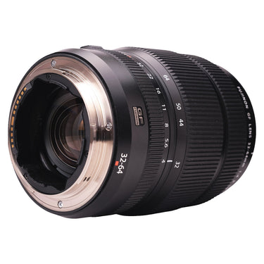 Fujifilm GF 32-64mm angled rear view showing G mount and electronic contacts