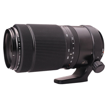 Fujifilm GF 100-200mm angled view showing zoom barrel and aperture ring
