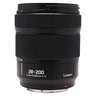 Panasonic LUMIX S 28-200mm lens standing upright, side view showing zoom scale and barrel