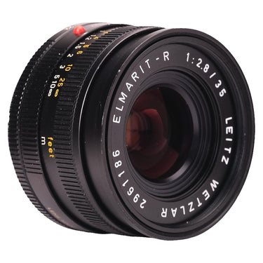 Leica Elmarit-R 35mm f2.8 angled front view showing engravings and distance scale