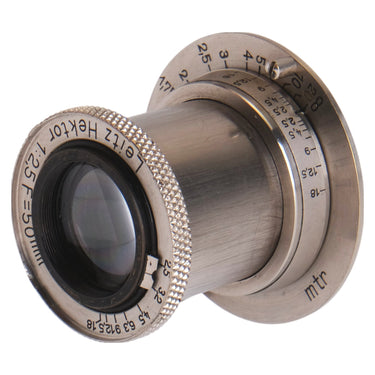 Leitz Hektor 50mm f2.5 lens front three-quarter view showing distance and aperture scales