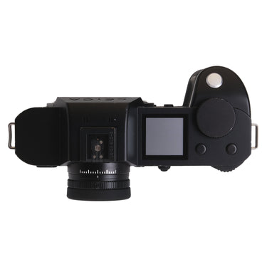 Leica SL2-S top plate with LEICA logo, top display, and dials