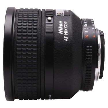 Nikon 85mm f1.4 D side profile with AF NIKKOR badge and focus mode switch