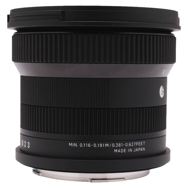 Sigma 10-18mm f2.8 DC DN lens side view showing 023 and Made in Japan markings