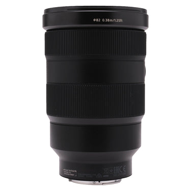 Sony FE 24-70mm f2.8 GM lens showing 82mm filter ring and focus distance markings