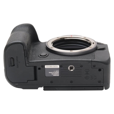 Canon EOS R6 Mark II bottom plate showing serial number label and battery door