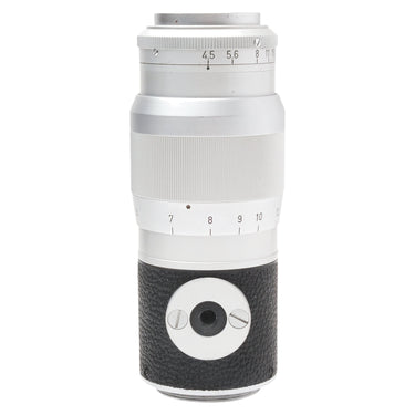 Leica Hektor 13.5cm lens side view with tripod foot and depth of field scale
