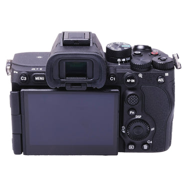 Sony A7 V rear view showing tilting touchscreen, viewfinder and controls