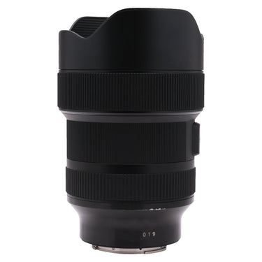 Sigma 14-24mm f2.8 DG DN standing upright showing hood and rear mount