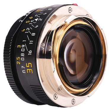 Mandler 35mm f2 side view showing brass and chrome Leica M mount