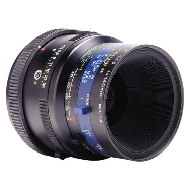 Mamiya 140mm f4.5 Macro lens angled view with shutter speed and distance scales