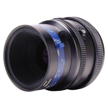 Mamiya 140mm f4.5 Macro lens front three-quarter view with Seiko shutter markings and serial