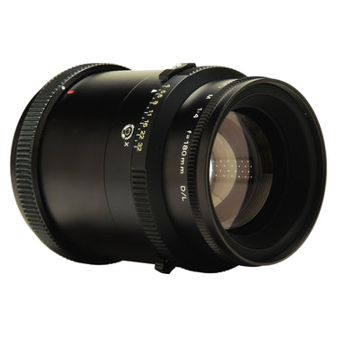 Mamiya 180mm f4 Soft VSF lens angled front view with aperture scale and X sync socket