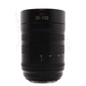 Hasselblad XCD 35-100mm lens front view standing upright with zoom scale and hood