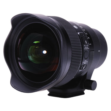 Sigma 14mm f1.4 DG DN Art front three-quarter view with hood and control switches