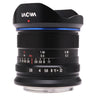 Laowa 9mm f2.8 Zero-D front three-quarter view with petal hood and aperture and distance scales