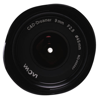 Laowa 9mm f2.8 Zero-D front element showing C&D-Dreamer 9mm F2.8 engraving and serial