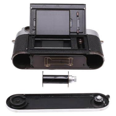 Leica M3 DS with baseplate removed showing film chamber and take-up spool