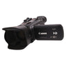 Canon XA20 front three-quarter view with lens hood and LCD panel showing XA20 badge