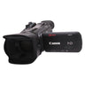 Canon XA20 professional camcorder front three-quarter view with lens hood and open LCD panel