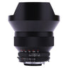 Carl Zeiss 15mm f2.8 Distagon ZF.2 front three-quarter view with built-in petal hood and distance scale