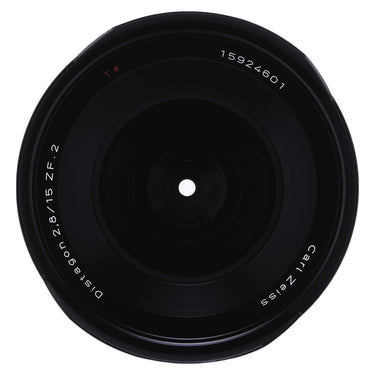 Carl Zeiss Distagon 2.8/15 ZF.2 front element straight on showing engraving and serial 15924601