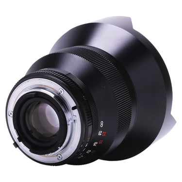 Carl Zeiss 15mm ZF.2 angled rear view showing mount and aperture scale