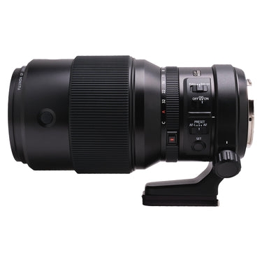 Fujifilm GF 250mm f4 side view showing OIS, focus limiter, and AF control switches