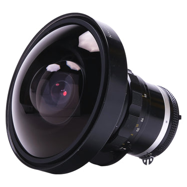 Nikon 8mm f2.8 Fisheye-Nikkor front three-quarter view of bulbous element
