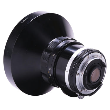 Nikon 8mm f2.8 Fisheye-Nikkor rear three-quarter view with integral hood