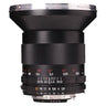 Zeiss 21mm f2.8 Distagon ZF.2 side view with hood mounted and focus and aperture scales