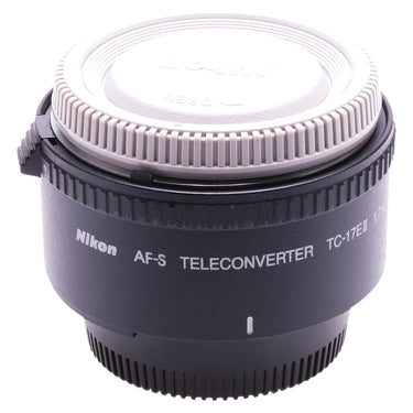 Nikon TC-17E II teleconverter with white rear cap mounted