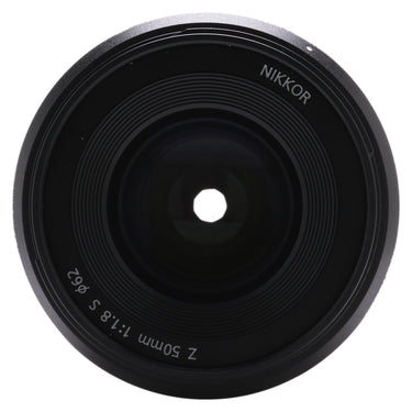 Nikon Z 50mm f1.8 S front element with NIKKOR Z 50mm 1:1.8 S engraving