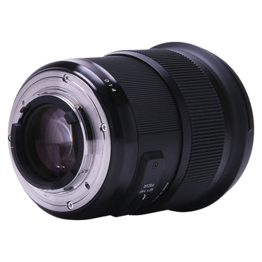 Sigma 50mm f1.4 DG Art rear three-quarter view showing Nikon F mount