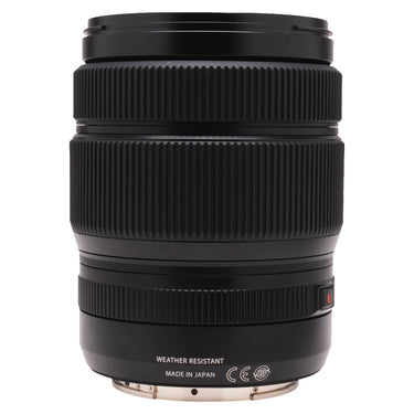 Fujifilm GF 32-64mm lens opposite side showing Weather Resistant and Made in Japan engraving