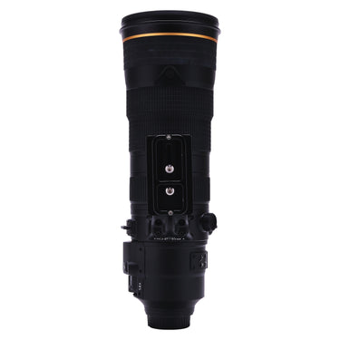 Nikon 180-400mm f4E lens standing vertical, rear view with tripod foot and quick-release plate